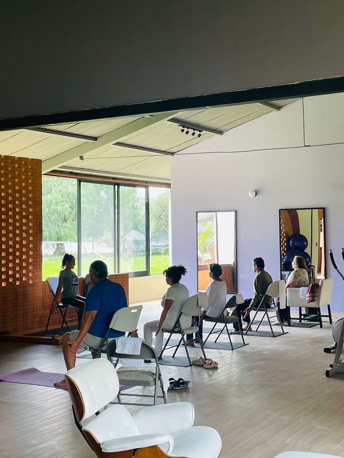 Personas adultas tomando una clase de yoga frente a un verde paisaje